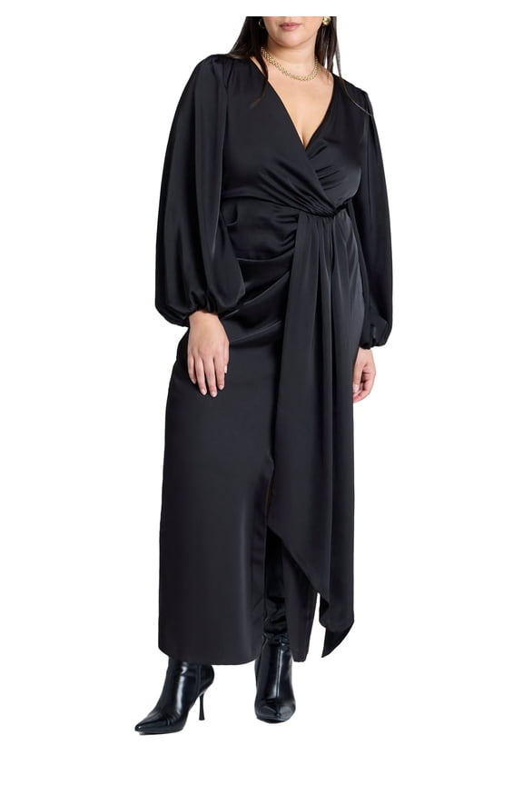 Women's Plus Size Pleated Satin -Sleeve Maxi Dress