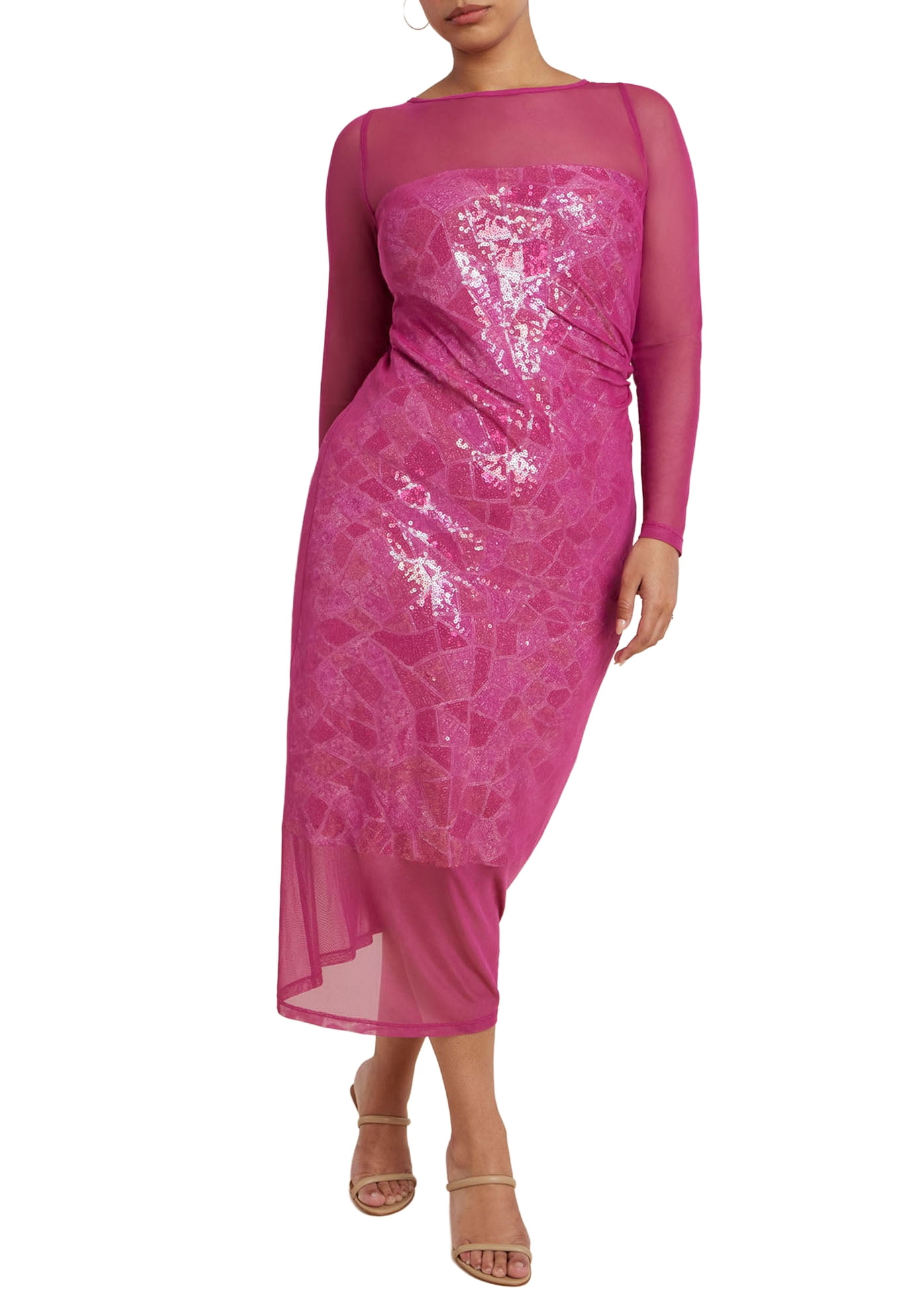 Plus Size Sequin Mini Dress with Sheer Off-the-Shoulder Sleeves main image 0