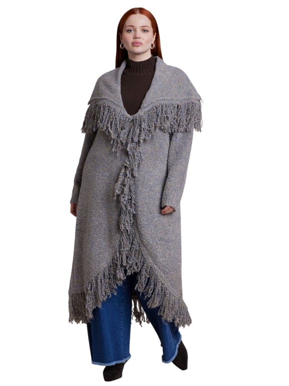Women's Plus Size Shawl Collar Fringe Duster