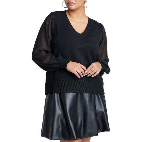 ELOQUII Women's Plus Size Sheer Sleeve V-Neck Sweater