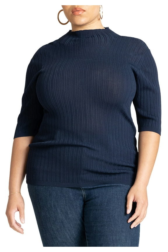 Women's Plus Size Sleek Funnel Neck Elbow Sleeve Sweater