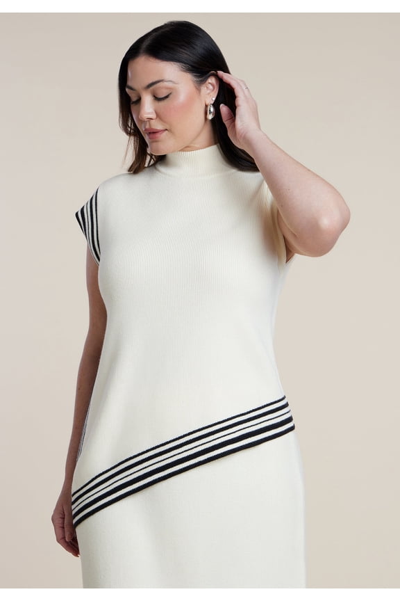 Women's Plus Size Stripe Detail Sleeveless Mockneck Top
