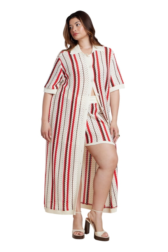 Women's Plus Size Striped Crochet Duster