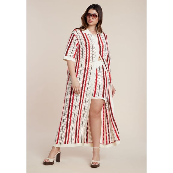 ELOQUII Women's Plus Size Striped Crochet Duster