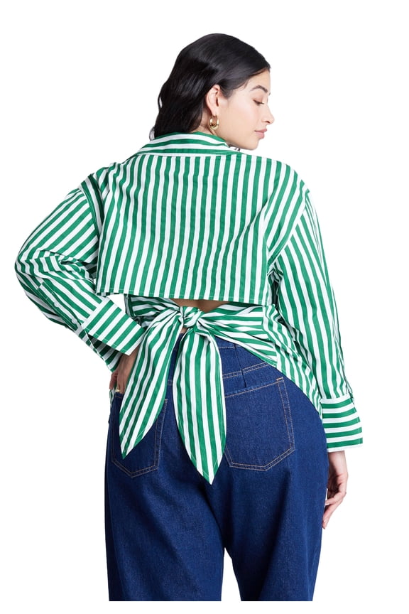 Women's Plus Size Striped Tie Back Button Up Top