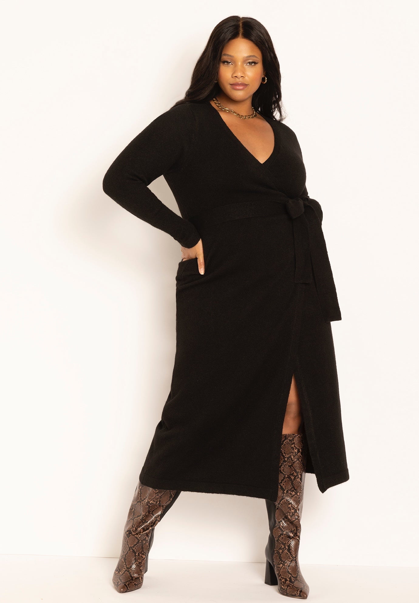 ELOQUII Women's Plus Size Sweater Wrap Dress - Walmart Business Supplies