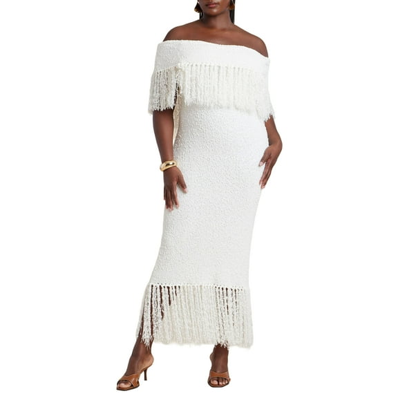 ELOQUII Women's Plus Size Textured Fringe Sweater Dress