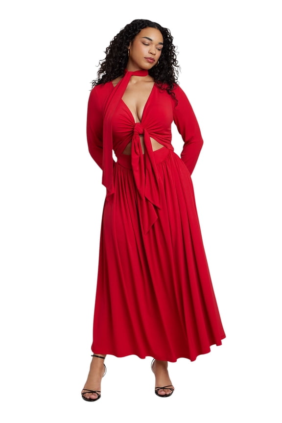 Women's Plus Size Tie Front Knit Maxi Dress