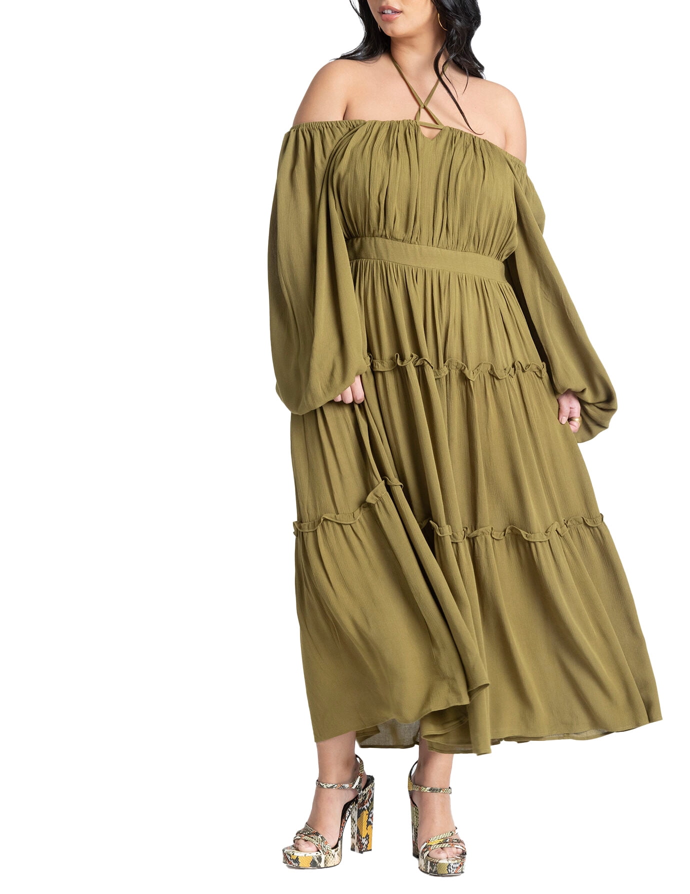 ELOQUII Women's Plus Size Asym Ruffle Maxi Dress