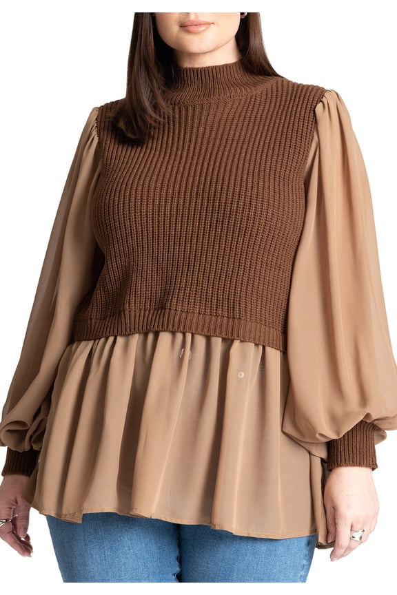 Women's Plus Size Twofer Sweater With Chiffon