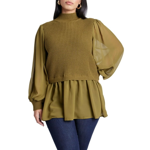 ELOQUII Women's Plus Size Twofer Sweater With Chiffon