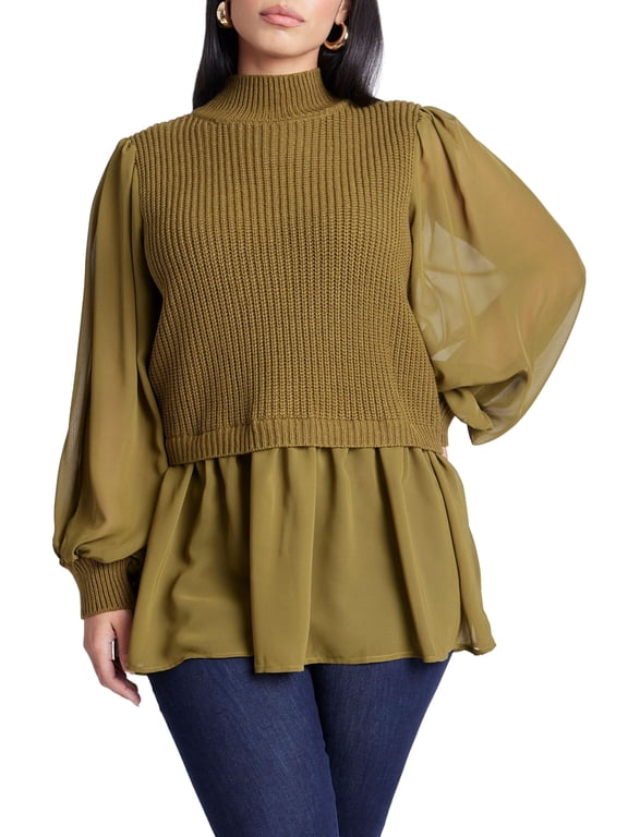 Women's Plus Size Twofer Sweater With Chiffon