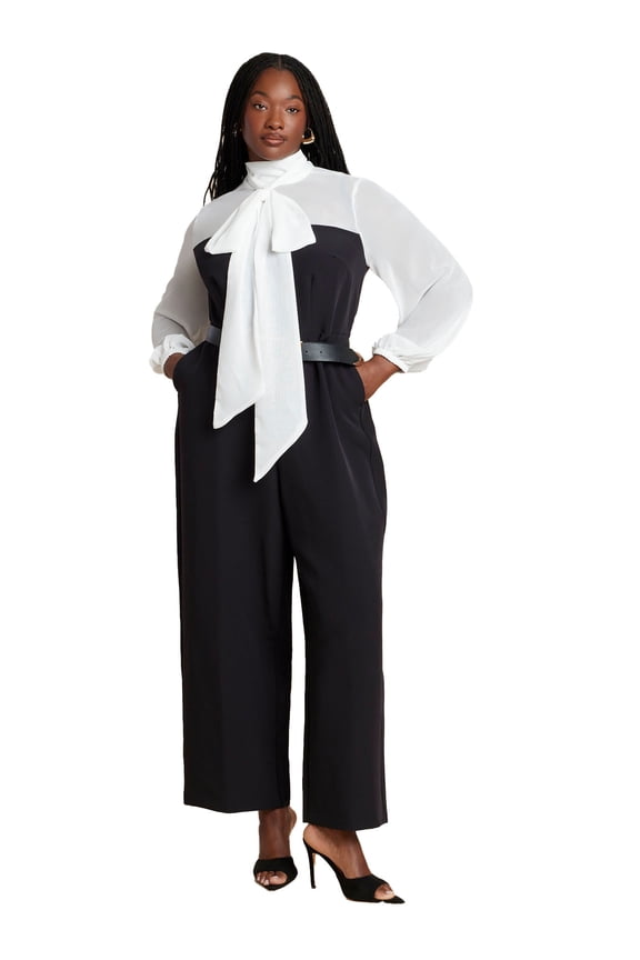 Women's Plus Size Twofer Tie Neck Jumpsuit