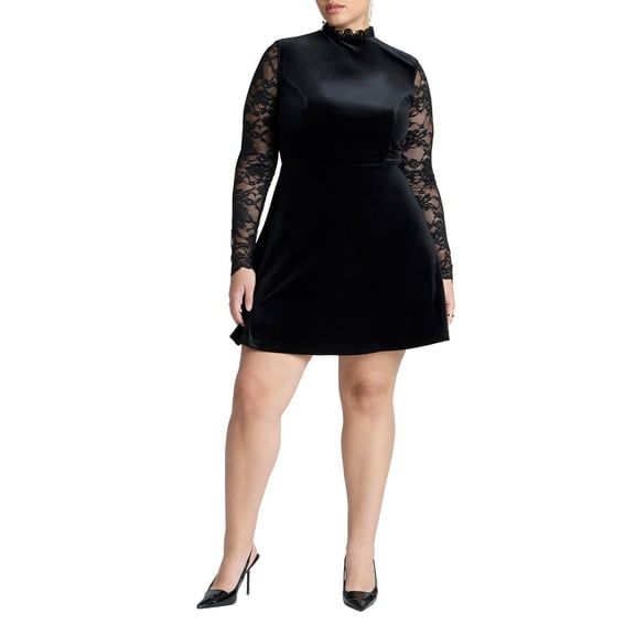 ELOQUII Women's Plus Size Velvet Mini Dress With Lace