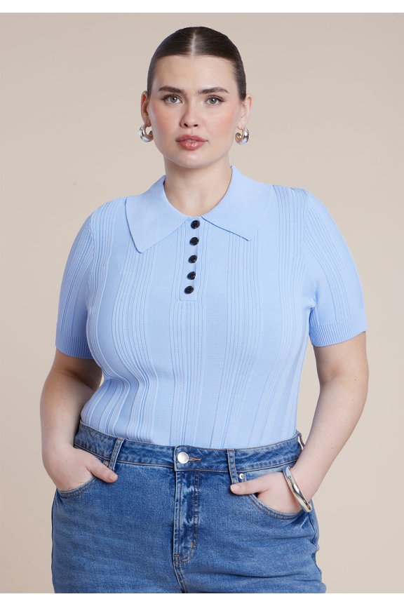 Women's Plus Size Veriegated Rib Collared Sweater