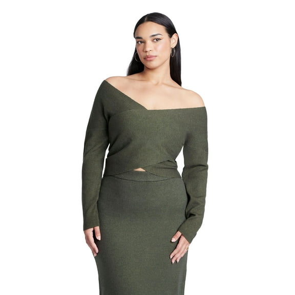 ELOQUII Women's Plus Size Wrap Front Cropped Sweater