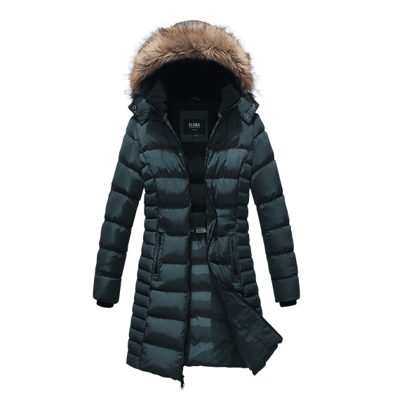 ELORA Women’s Heavyweight Mid-Length Vegan Down Puffer Parka with Detachable Hood and Faux Fur Trim