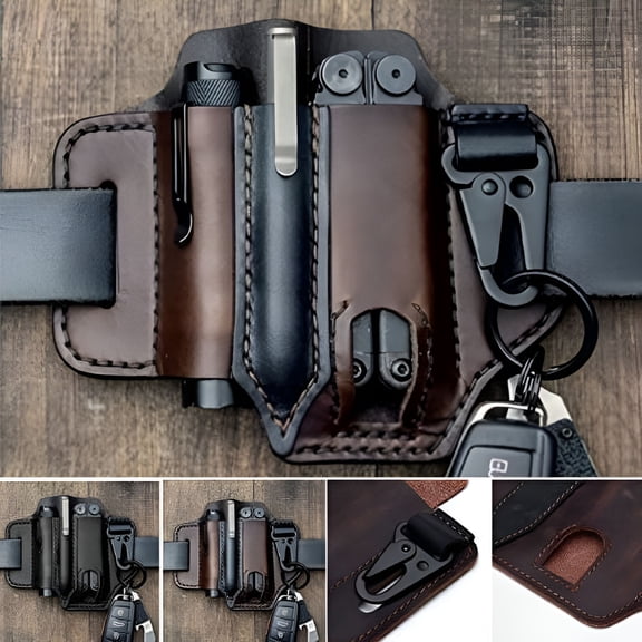 ELORIAH 2026 New Leather Sheath for Belt, Tool Sheath for Knife, Knife Sheath for Men, Multitool Sheath, Flashlight Holster Edc Pocket Organizer with Key Holder (Black)