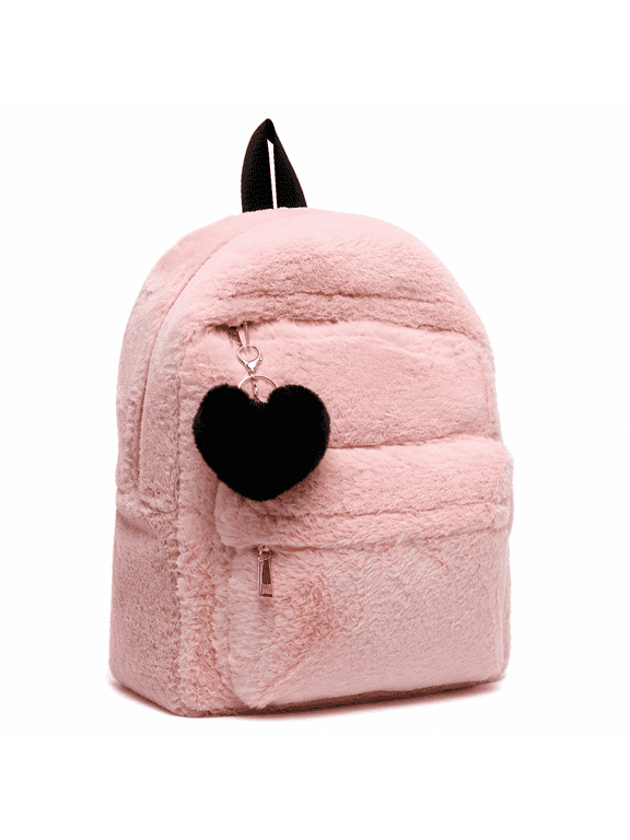 Cute Fuzzy Backpack for Aesthetic Supplies Fuzzy Plush Backpack, Kawaii Furry Plush Daypack for Teens (Pink)