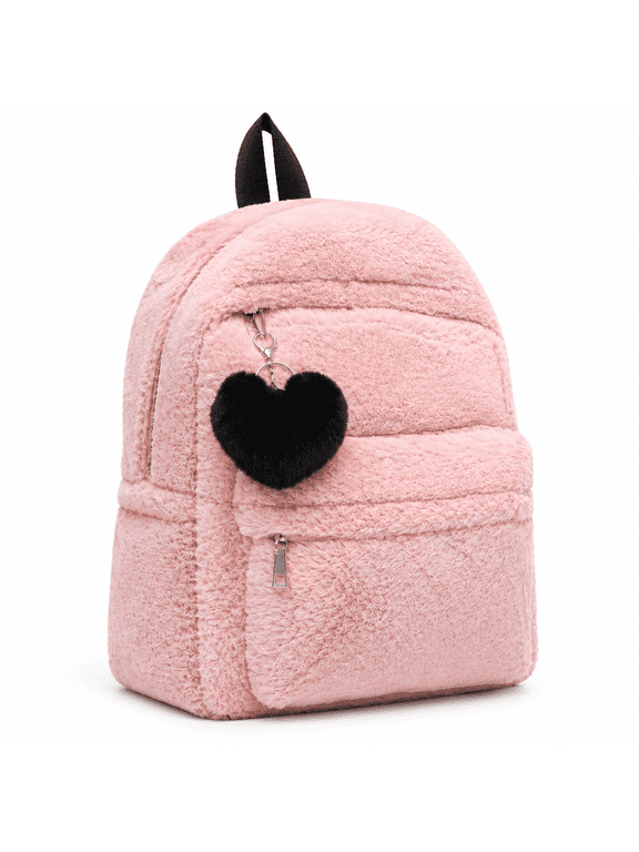 Cute Fuzzy Backpack for Aesthetic Supplies Fuzzy Plush Backpack, Kawaii Furry Plush Daypack for Teens (Pink)