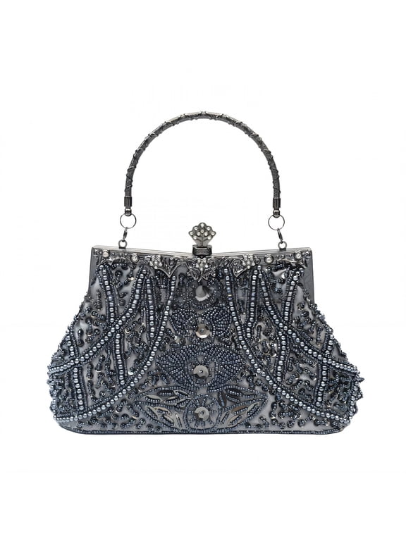 Evening Bag,Metal Frame Clutch Purse,Metal Chain Ladies Purses,Gray