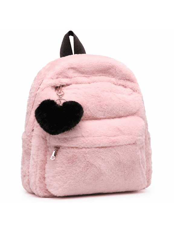 Fuzzy Pink Backpack for Women Aesthetic Black Backpack Kawaii Furry Plush Backpack with Heart (Pink)