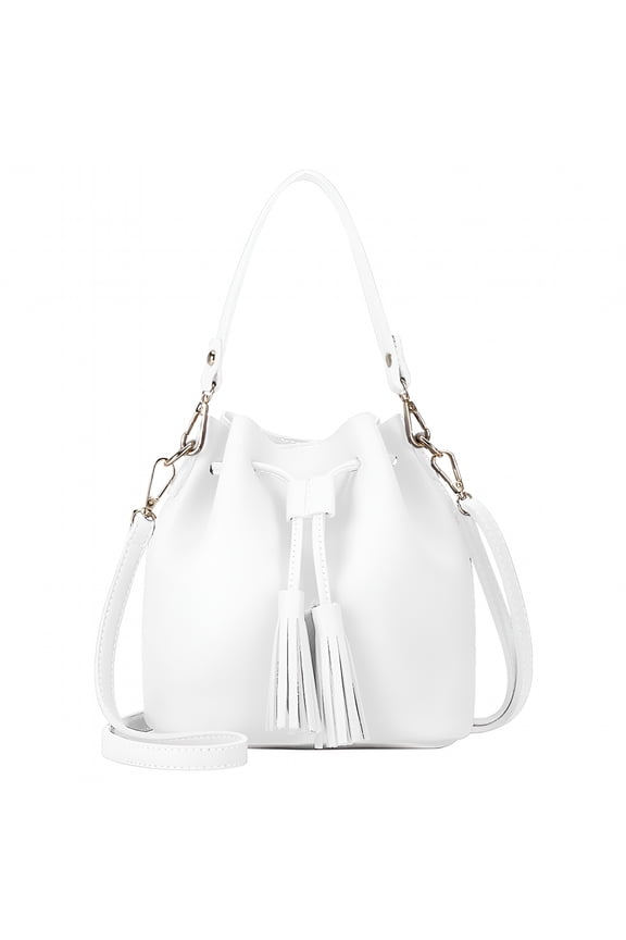 Womens Faux Leather Drawstring Shoulder Bucket Bag, White