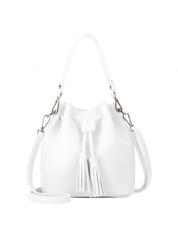 Womens Faux Leather Drawstring Shoulder Bucket Bag, White
