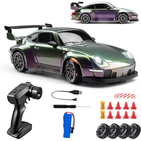 ELORTI 1:24 Remote Control Drift Racing Car, 4WD High Speed RC Vehicle with LED Lights and Extra Tires, Birthday Gift Toy for Boys Girls and Adults