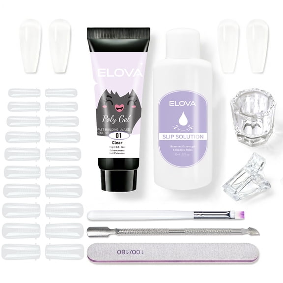 ELOVA Polygel Nail Kit with Slip Solution & Liquid Cup - Clear All-in-One Poly Extension Gel Starter Kit with Brush, 24 Dual Forms, Cuticle Pusher, Clip