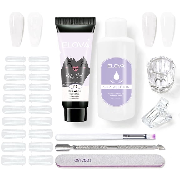 ELOVA Polygel Nail Kit with Slip Solution & Liquid Cup - Milk White All-in-One Poly Extension Gel Starter Kit with Brush, 24 Dual Forms, Cuticle Pusher, Clip