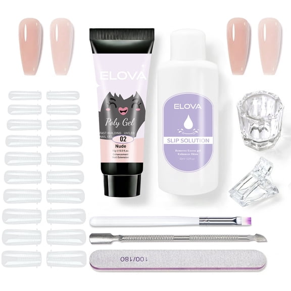 ELOVA Polygel Nail Kit with Slip Solution & Liquid Cup - Nude All-in-One Poly Extension Gel Starter Kit with Brush, 24 Dual Forms, Cuticle Pusher, Clip