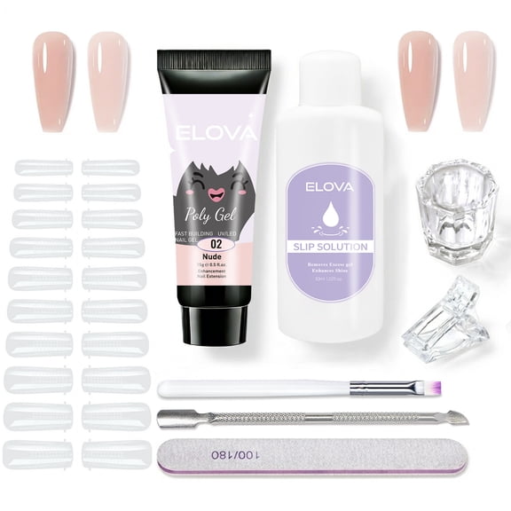 ELOVA Polygel Nail Kit with Slip Solution & Liquid Cup - Nude All-in-One Poly Extension Gel Starter Kit with Brush, 24 Dual Forms, Cuticle Pusher, Clip