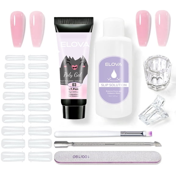 ELOVA Polygel Nail Kit with Slip Solution & Liquid Cup - Pink All-in-One Poly Extension Gel Starter Kit with Brush, 24 Dual Forms, Cuticle Pusher, Clip