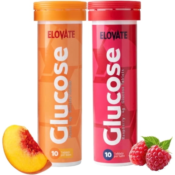 ELOVATE Fast Acting Glucose Tablets 4g Each, Multiflavor (Peach & Raspberry) Gluten Free, Fat Free, 2 Tubes (20 Count) Quick Dissolving Energy Supplement