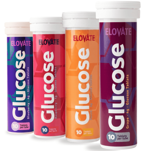 ELOVATE Fast-Acting Glucose Tablets, 4 Flavors (Raspberry, Peach, Grape, Blueberry) 4 Tubes, 40 Count, Gluten-Free, FSA/HSA Eligible