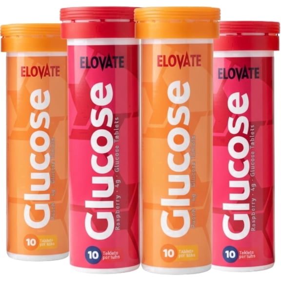 ELOVATE Fast Acting Glucose Tablets 4g Each, Multiflavor (Peach & Raspberry) Gluten Free, Fat Free, 4 Tubes (40 Count) Quick Dissolving Energy Supplement