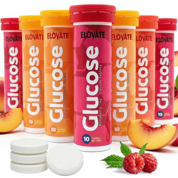 ELOVATE Fast Acting Glucose Tablets – 4g Each, Multiflavor (Peach & Raspberry) – Gluten Free, Fat Free, 8 Tubes (80 Count) – Quick Dissolving Energy Supplement