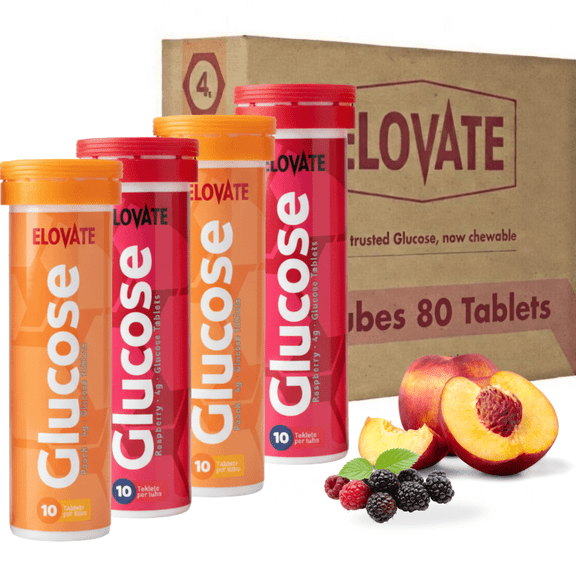 ELOVATE Fast Acting Glucose Tablets 4g per Tablet, Multiflavor (Peach & Raspberry) Gluten Free, Fat Free, 8 Tubes (80 Count) Quick Dissolving Energy Supplement