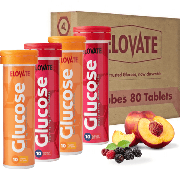 ELOVATE Fast Acting Glucose Tablets  4g Each, Multiflavor (Peach & Raspberry)  Gluten Free, Fat Free, 8 Tubes (80 Count)  Quick Dissolving Energy Supplement