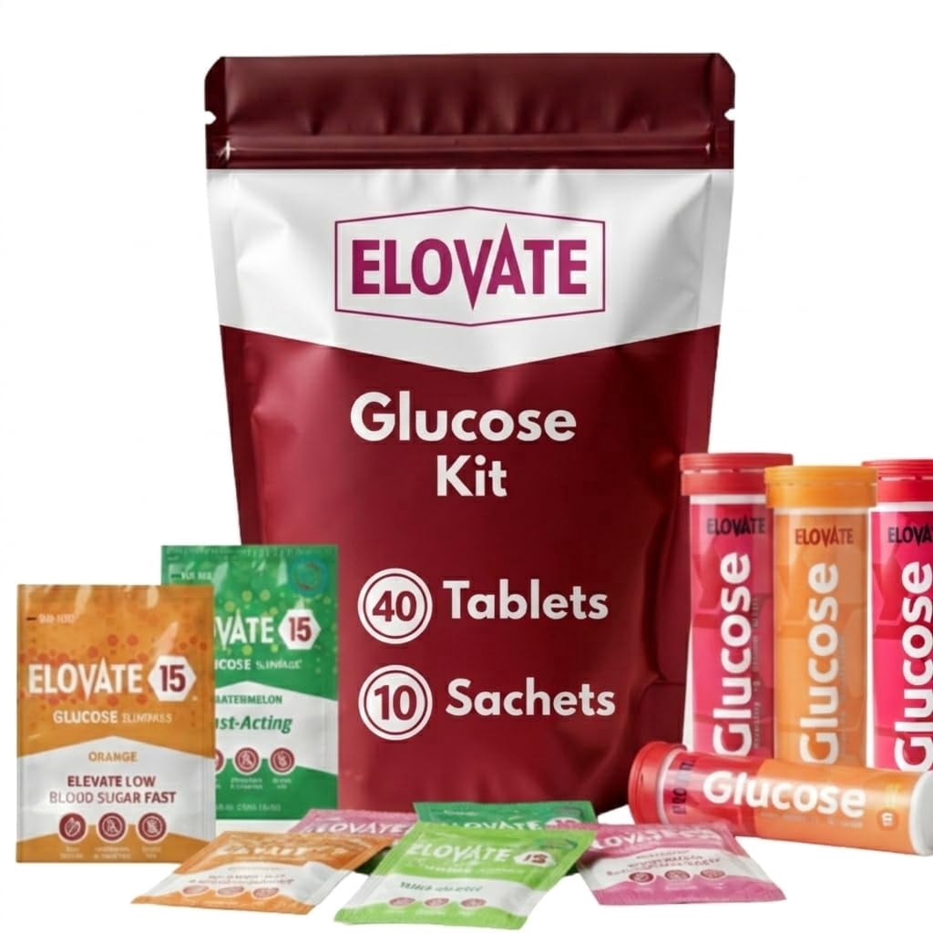 ELOVATE Glucose Tablets & Powder Set – 40 Chewable Tablets (4 Tubes) + 10 Packets – Fast-Acting Glucose for Low Sugar – Portable Carry