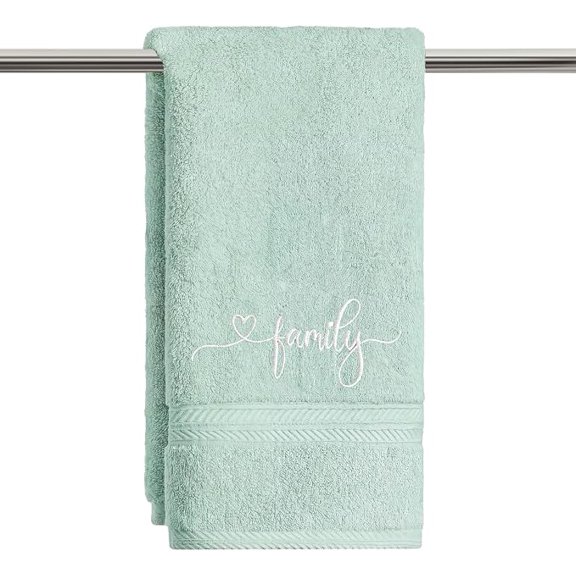 ELOYA- 1 Piece Cotton Family Embroidered Hand Towel Pale Green 13.7 x 29.5 Inches