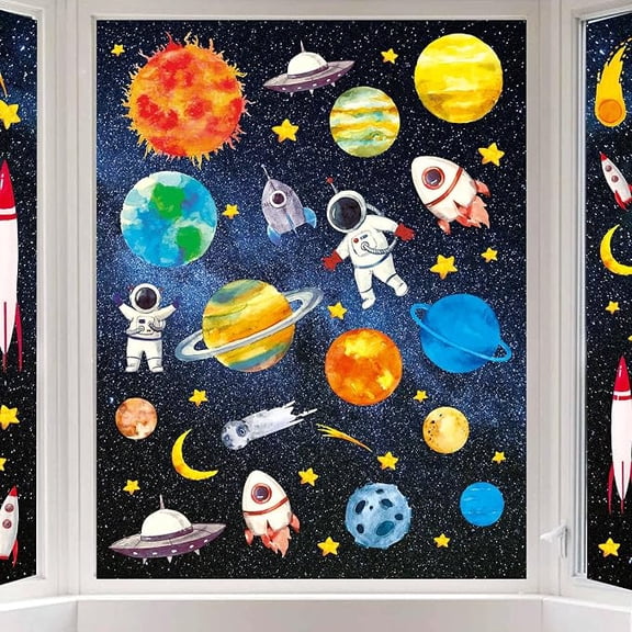 ELOYA- 6 Sheet Outer Space Window Clings Space Astronaut Spacecraft Rockets Solar System Decals Galaxy Wall Mural for Kids Bedroom Nursery Playroom Living Room Home Decor