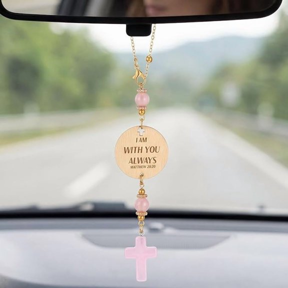 ELOYA- Crystal Cross for Car Mirror Hanging Christian Accessories Women Car Mirror Hanging Pink Boho Rearview Mirrors Hanger Ornament, Engraved with Matthew 28: 20, Christian Gift for Men Women