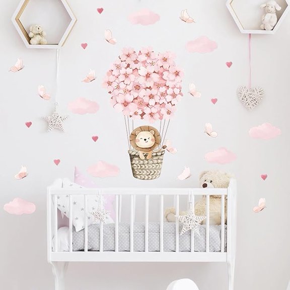 ELOYA- Cute Lion Cub Balloon Wall Stickers Pink Clouds DIY Wall Decals