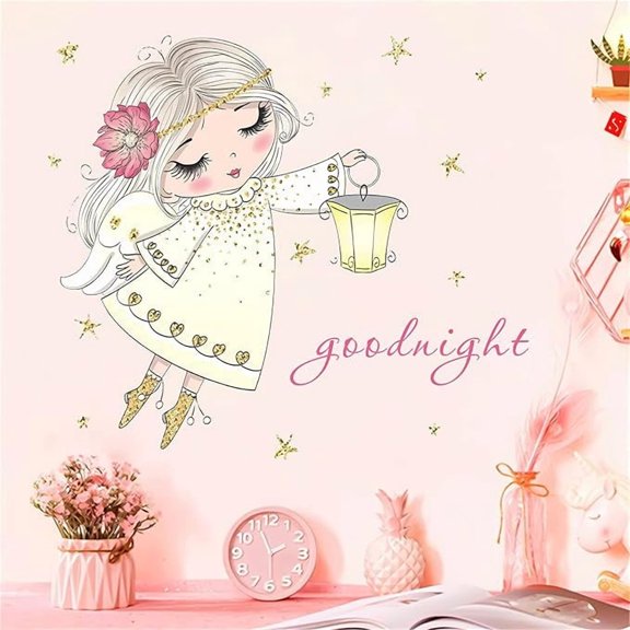 ELOYA- Cute Pink Angel Girl Wall Stickers Good Night Wall Decals
