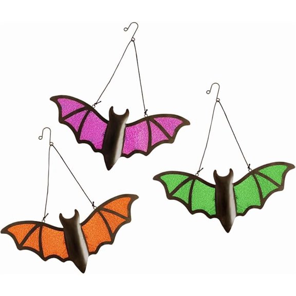 ELOYA- Halloween Bat Decoration - Pack Metal & Glass Outdoor/Indoor Bat Decor with 13"x5.7" Realistic Bats in Green, Purple, Orange for Garden, Yard, Wall - Waterproof Scary Party Supplies