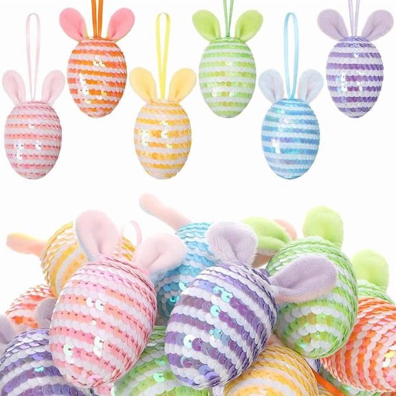 ELOYA- Soulchen 12 Pcs Sequin Easter Eggs Tree Hanging Ornaments with Plush Bunny Ears 1.57 x 3.15 Inch Pastel Stripe Glitter Easter Eggs Hanging Decorations for Spring Home Office Birthday