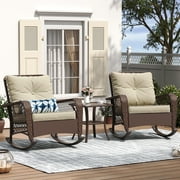 ELPOSUN 3-Piece Outdoor Rocking Chairs, Wicker Patio Furniture with Thickened Cushions and Table for Porch(Brown & Light Gray)