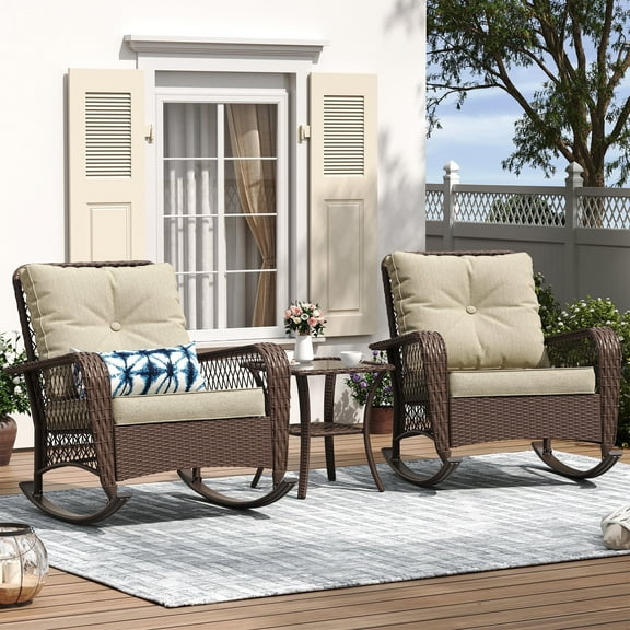 ELPOSUN 3-Piece Outdoor Rocking Chairs, Wicker Patio Furniture with Thickened Cushions and Table for Porch(Brown & Light Gray)